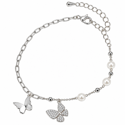 Silver Butterfly Pearl Charm Bracelet