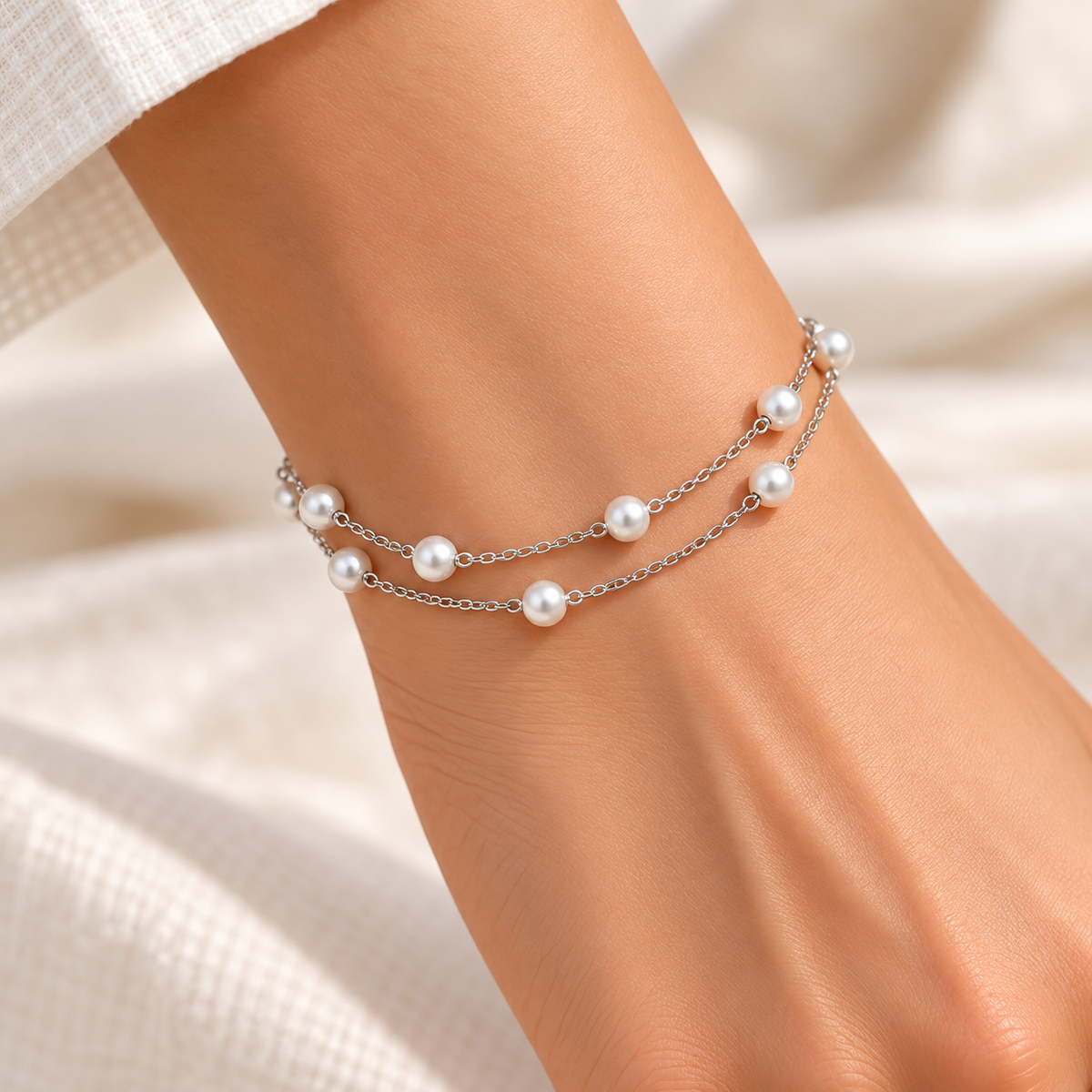 Silver Double-Layer Pearl Chain Bracelet