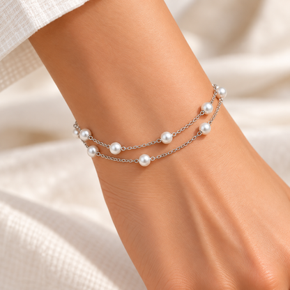 Silver Double-Layer Pearl Chain Bracelet
