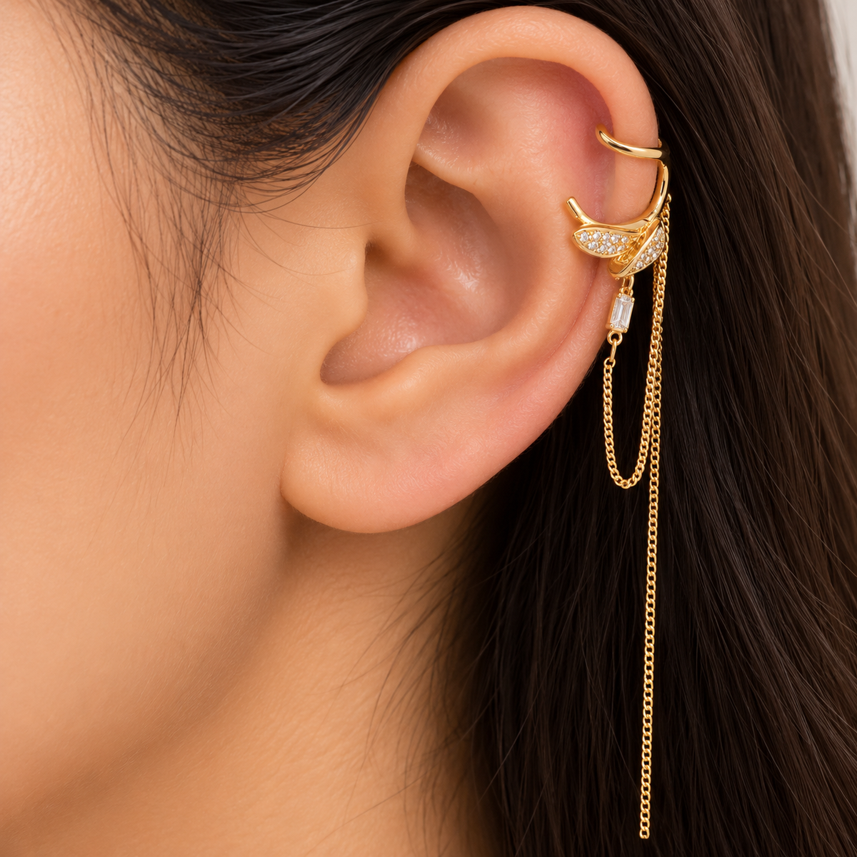 Gold Crystal Leaf Chain Ear Cuff