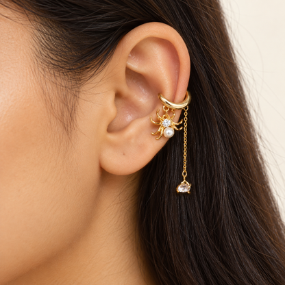 Gold Spider Pearl & Crystal Chain Ear Cuff