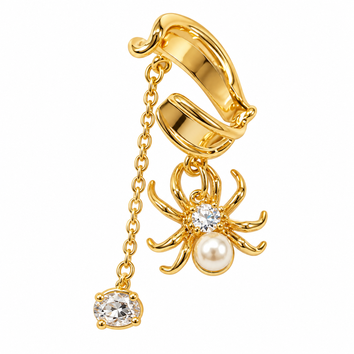 Gold Spider Pearl & Crystal Chain Ear Cuff