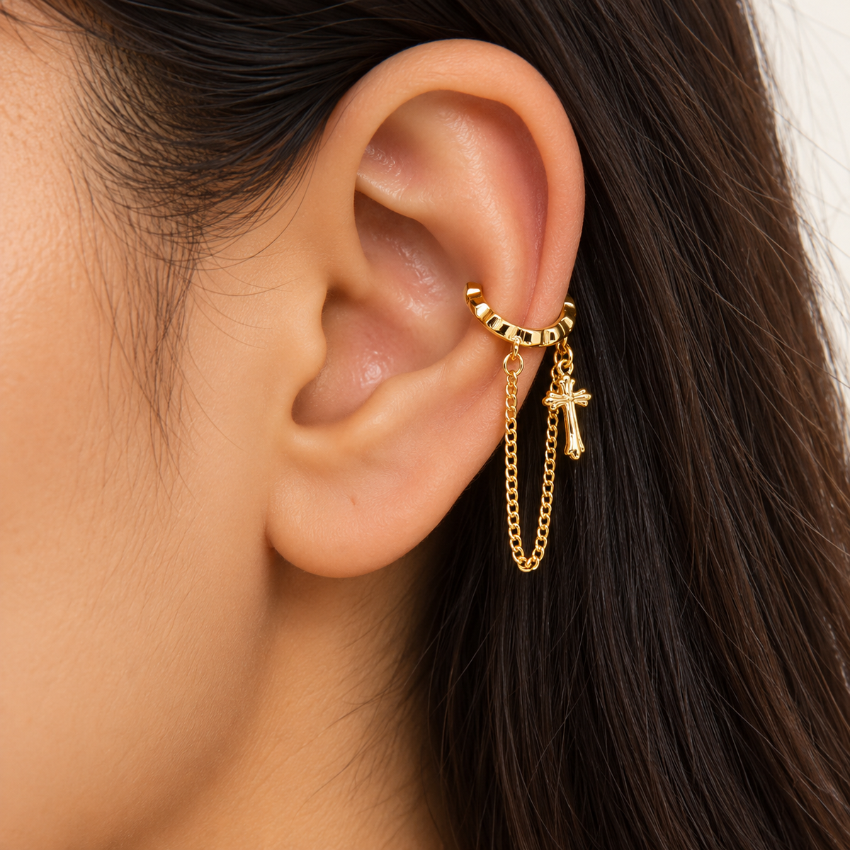 Gold Cross Charm Chain Ear Cuff