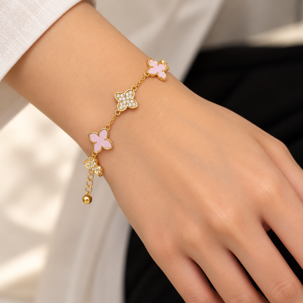 Gold Pink Crystal Charm Bracelet