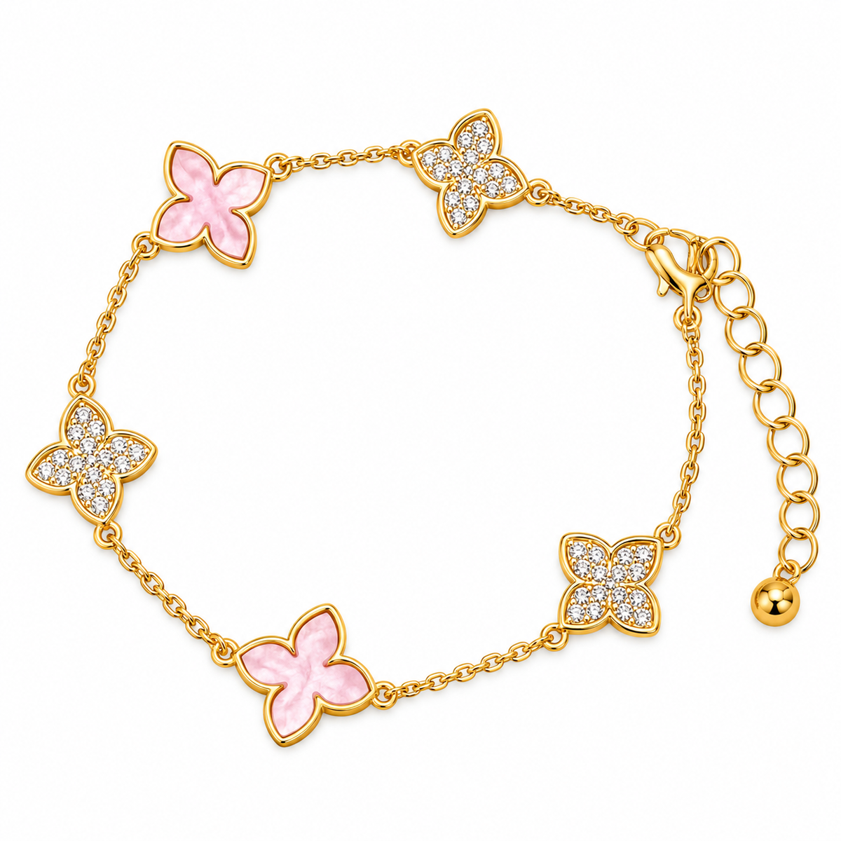 Gold Pink Crystal Charm Bracelet