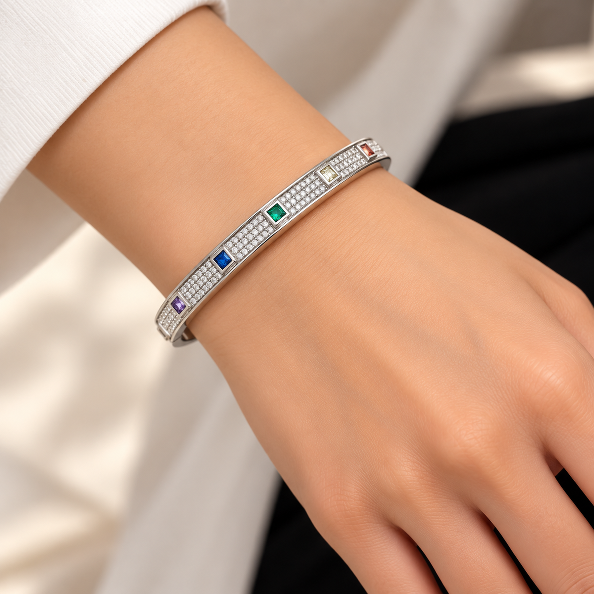 Silver Multicolour Crystal Statement Bracelet