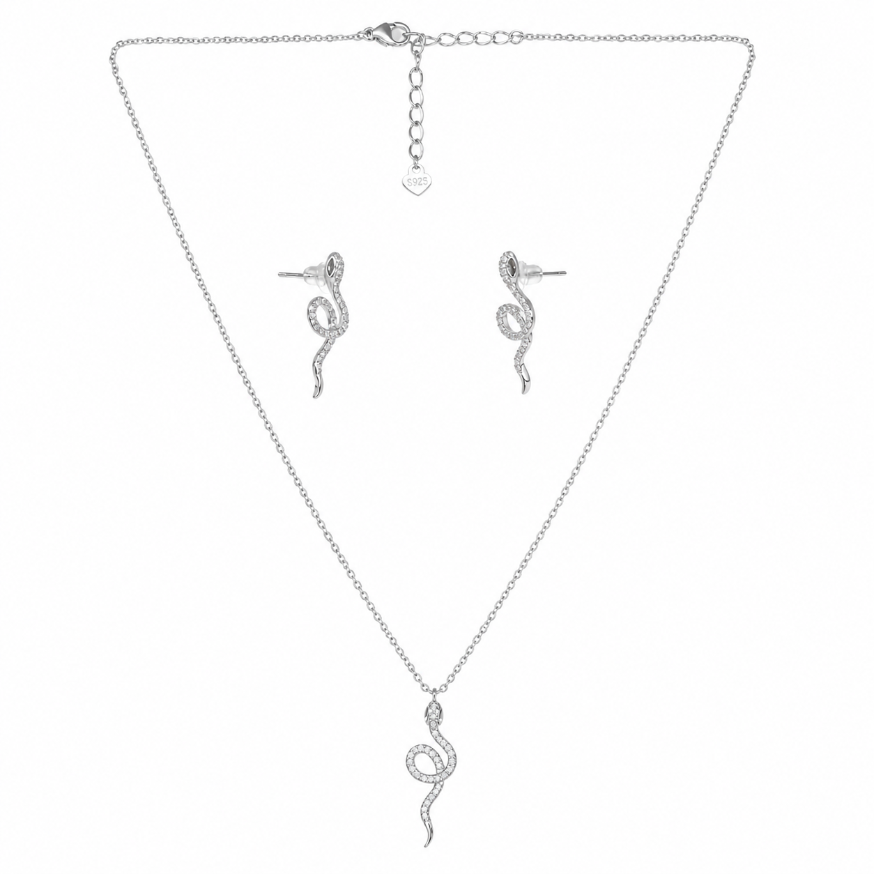 Zirconia Snake Pedant Silver Necklace Set