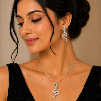 Cubic Snake Pedant Silver Necklace Set