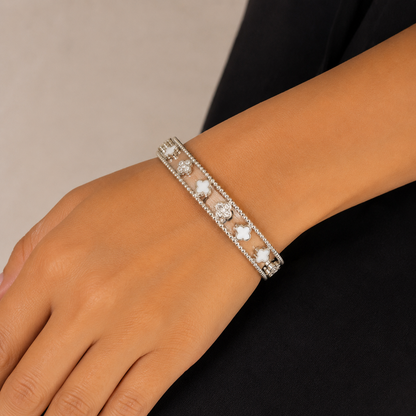 Silver Clover Flower With Diamonds Bracelets