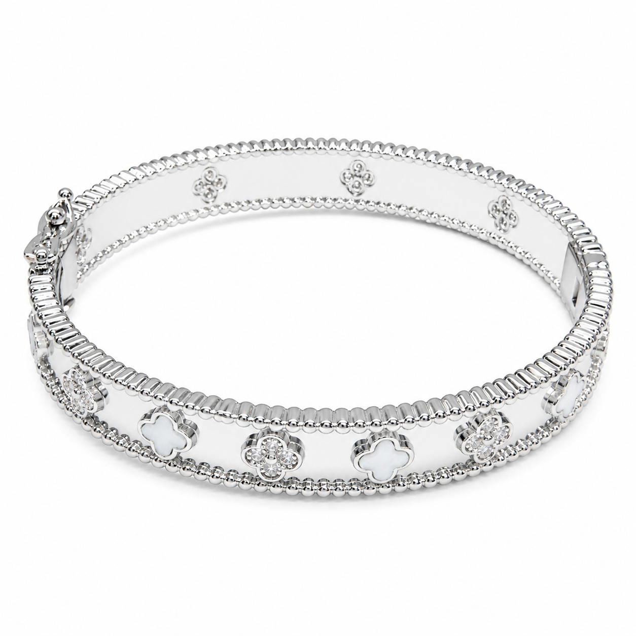Silver Clover Flower With Diamonds Bracelets