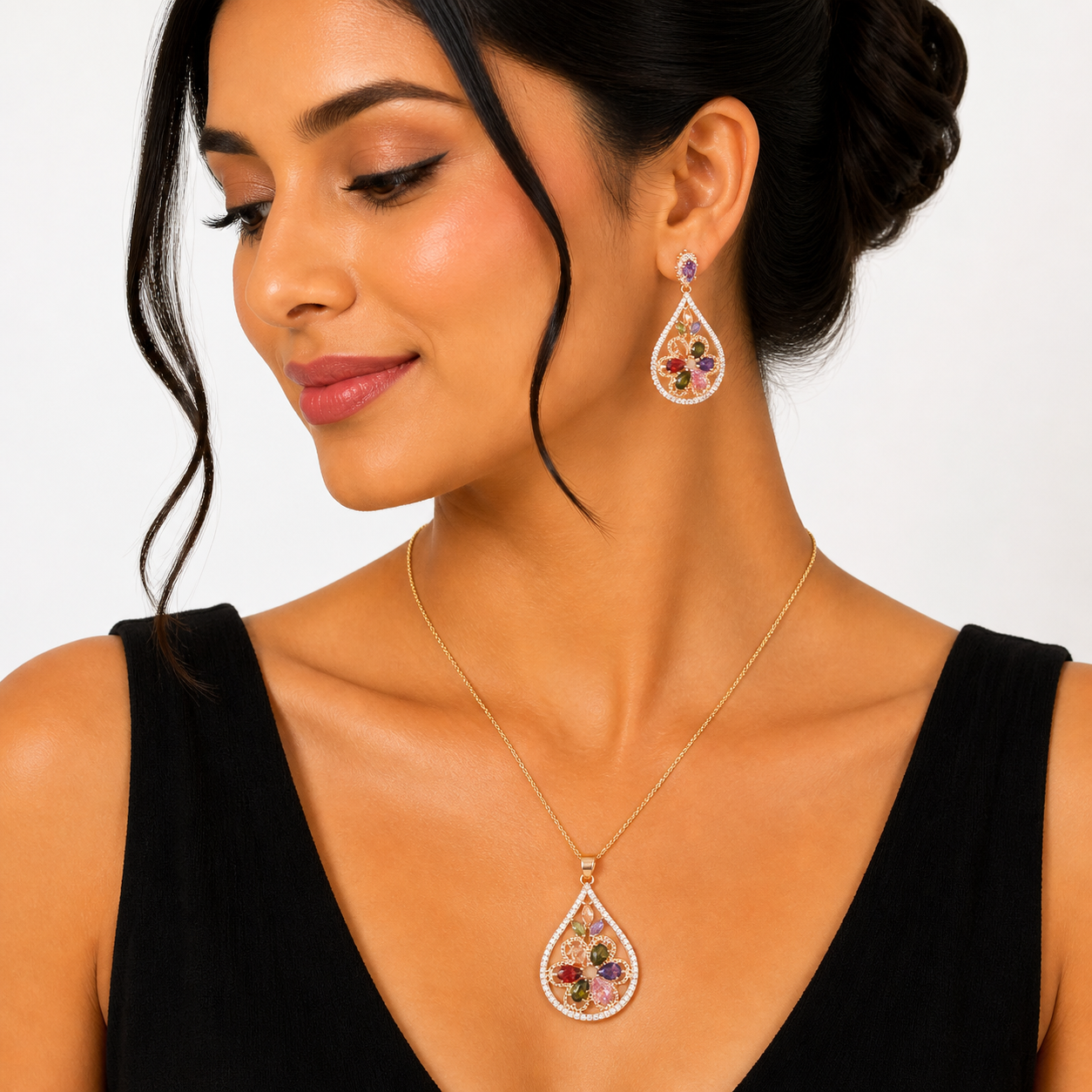 Beautiful Multi Flower With Drop Style Pedant Necklace Set