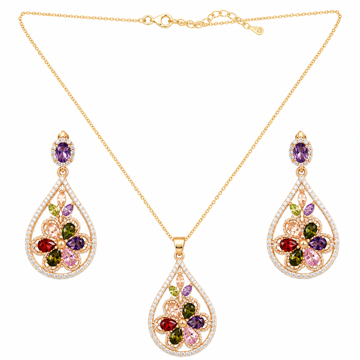 Beautiful Multi Flower With Drop Style Pedant Necklace Set