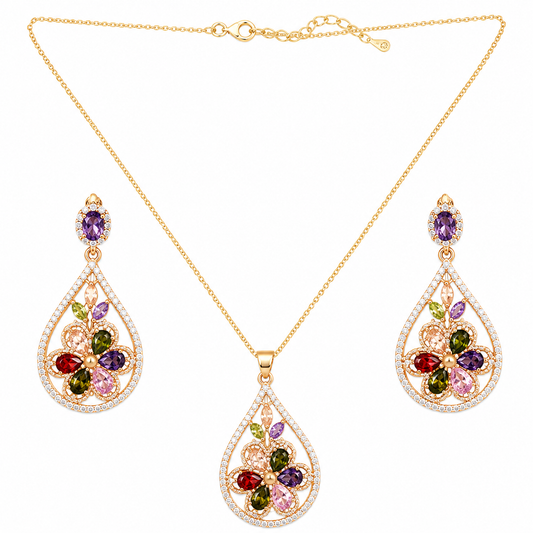 Beautiful Multi Flower With Drop Style Pedant Necklace Set