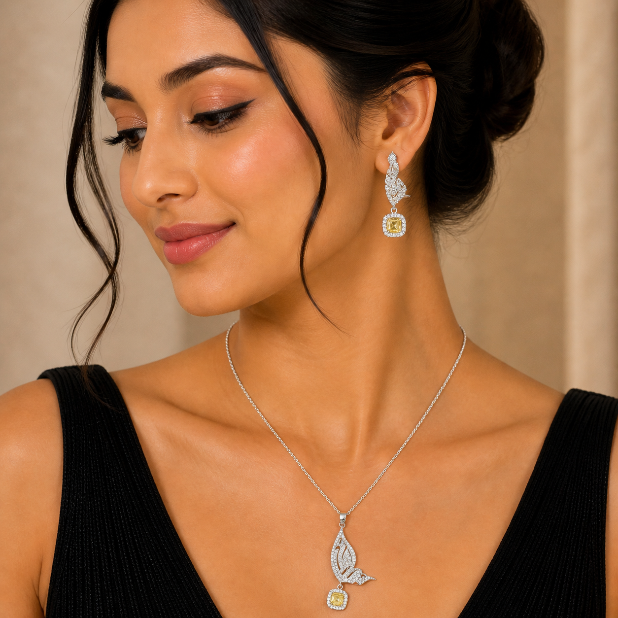 Cute Flying Butterfly With Yellow Stone Drop Pedant Necklace Set