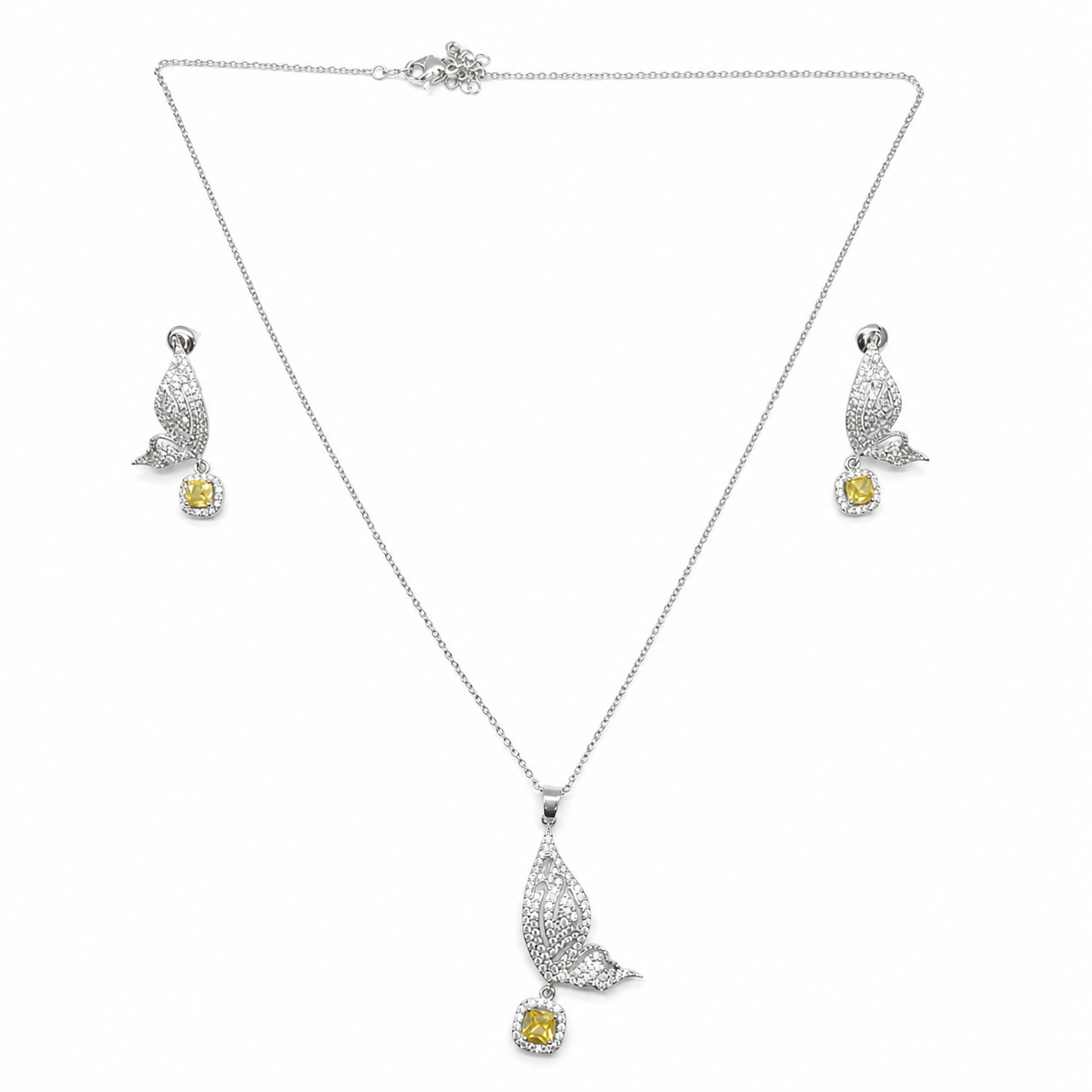 Cute Flying Butterfly With Yellow Stone Drop Pedant Necklace Set