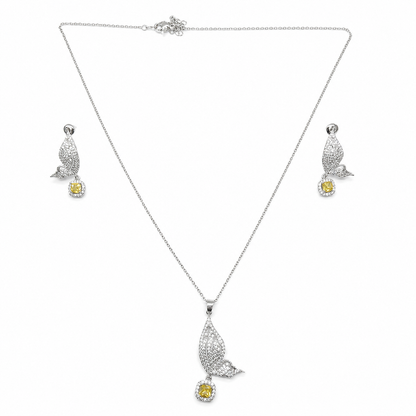 Cute Flying Butterfly With Yellow Stone Drop Pedant Necklace Set