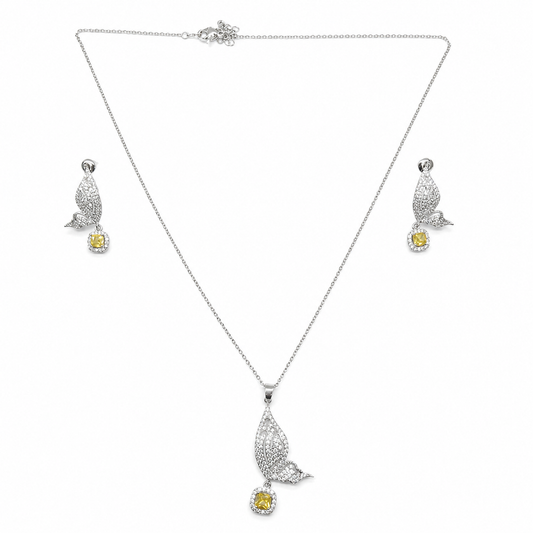 Cute Flying Butterfly With Yellow Stone Drop Pedant Necklace Set
