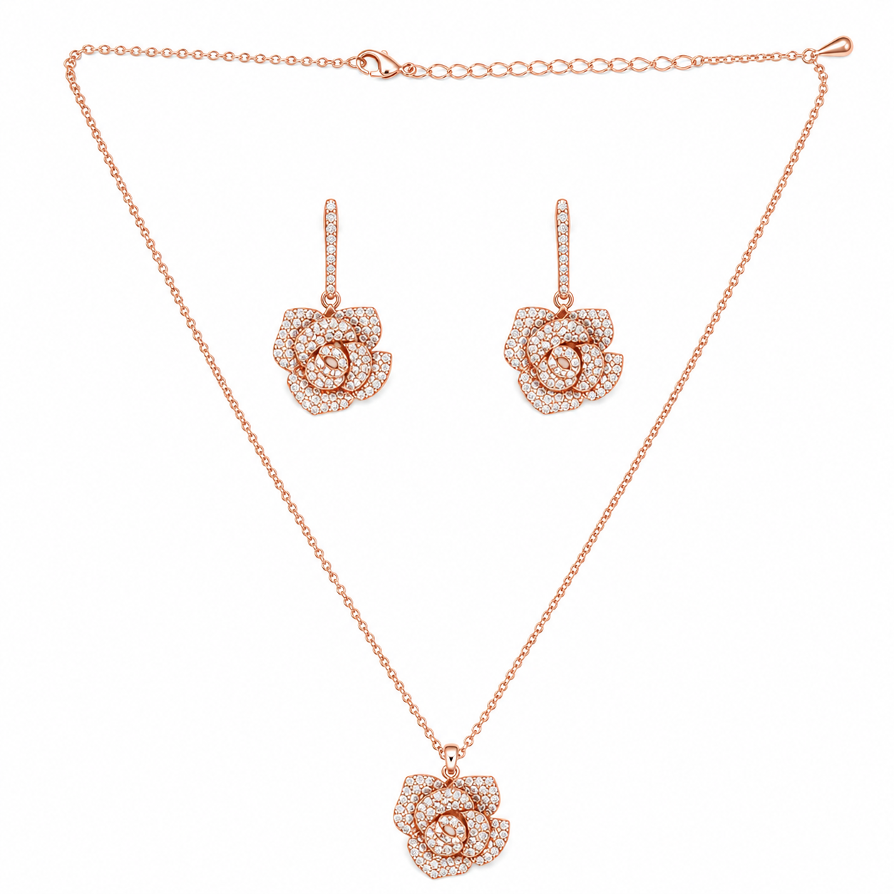 Charming Rose Pedant Rose Gold Plated Chain Necklace Set