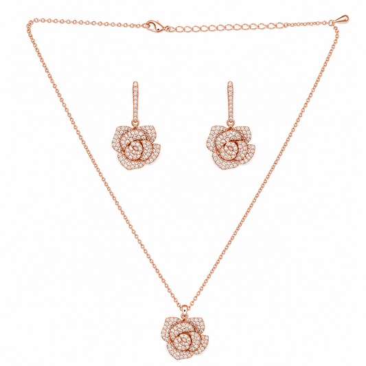 Charming Rose Pedant Rose Gold Plated Chain Necklace Set