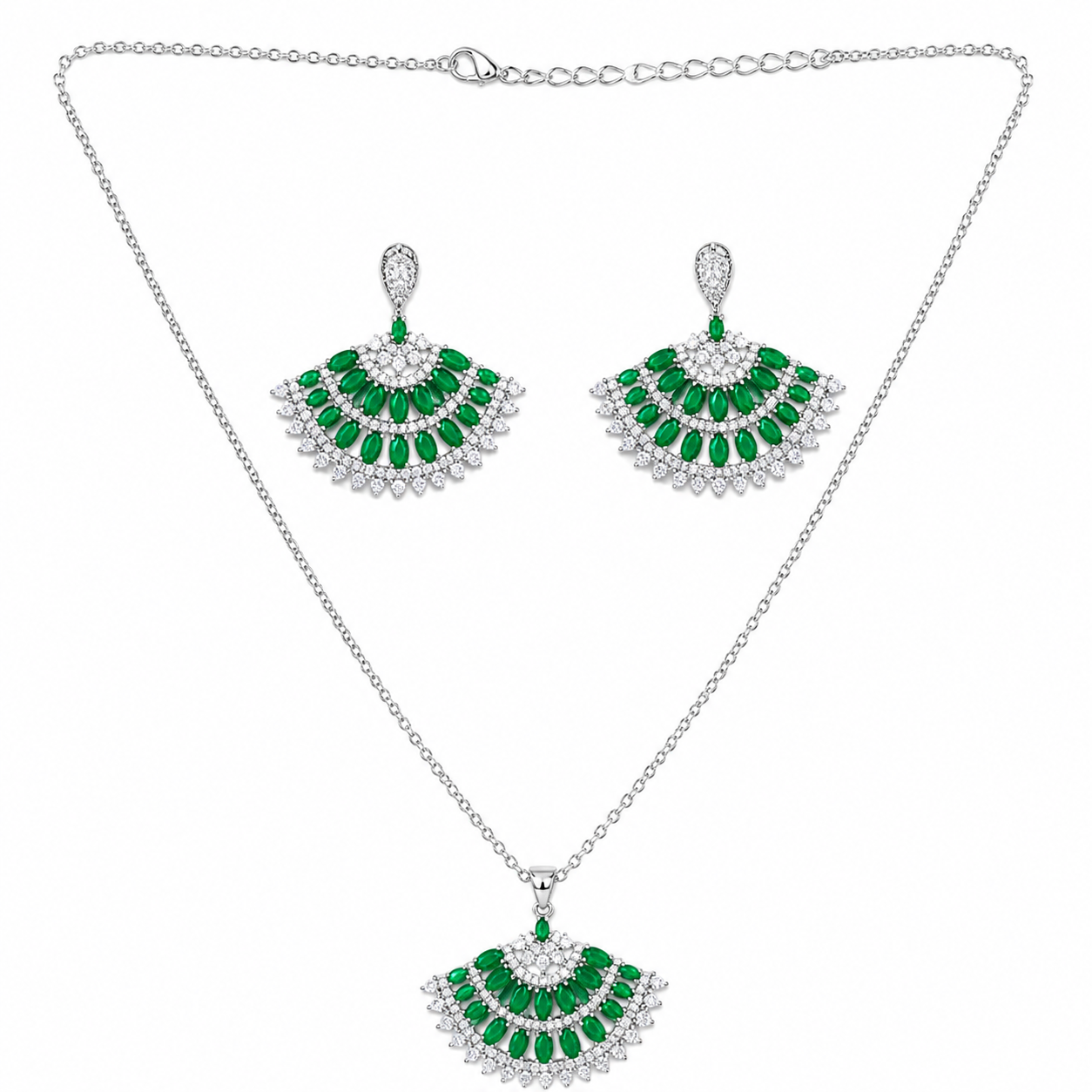 Elegant Fan Style Green Diamonds Silver Chain Necklace Set