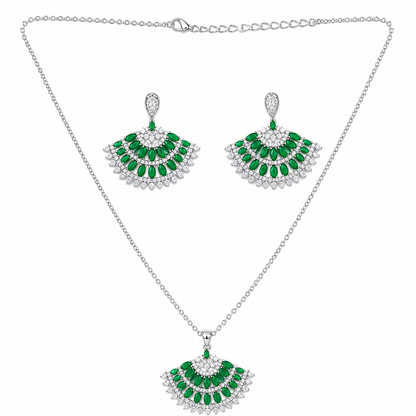 Elegant Fan Style Green Diamonds Silver Chain Necklace Set
