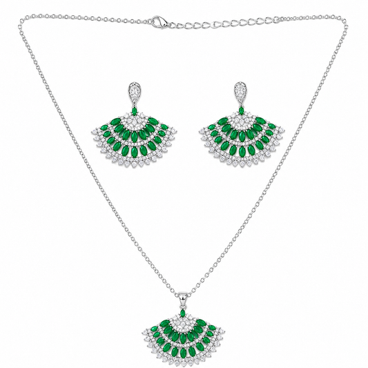 Elegant Fan Style Green Diamonds Silver Chain Necklace Set