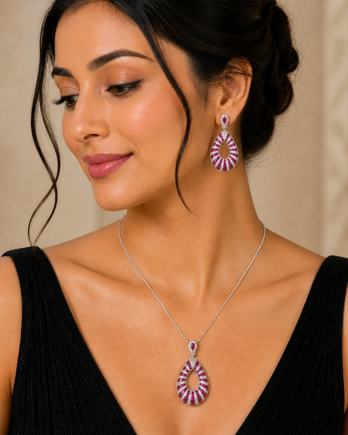 Silver Drop Red Diamonds Pedant Necklace Set