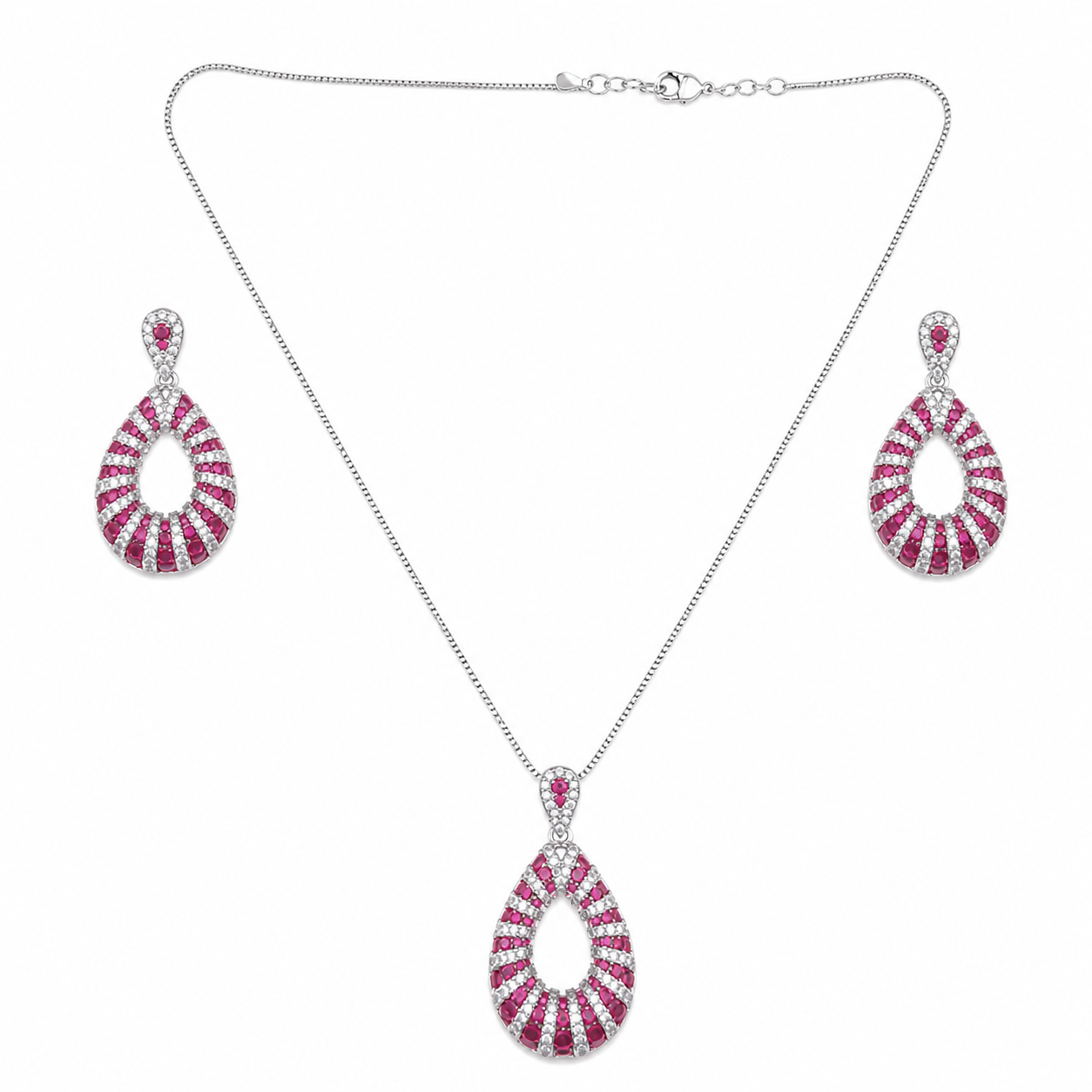 Silver Drop Red Diamonds Pedant Necklace Set