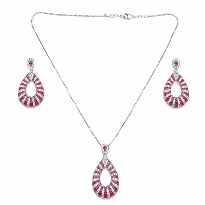 Silver Drop Red Diamonds Pedant Necklace Set