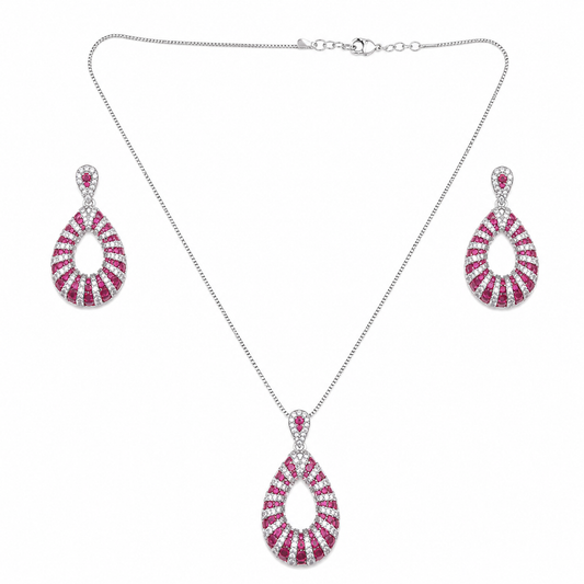 Silver Drop Red Diamonds Pedant Necklace Set