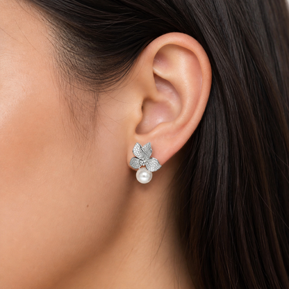 Elegant Zirconia Flower With Pearl Drop Earring
