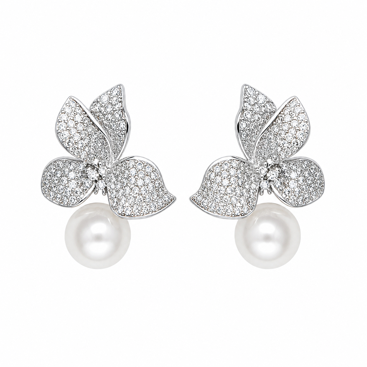 Elegant Zirconia Flower With Pearl Drop Earring