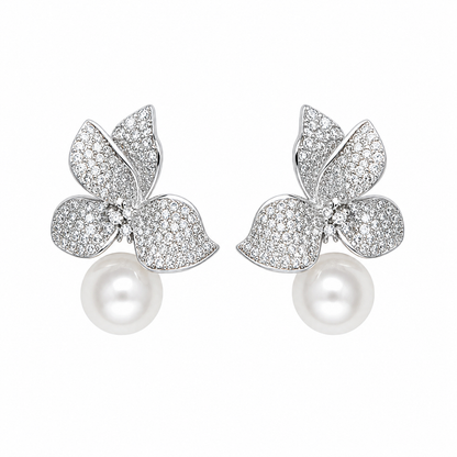 Elegant Zirconia Flower With Pearl Drop Earring