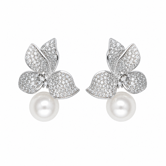 Elegant Zirconia Flower With Pearl Drop Earring