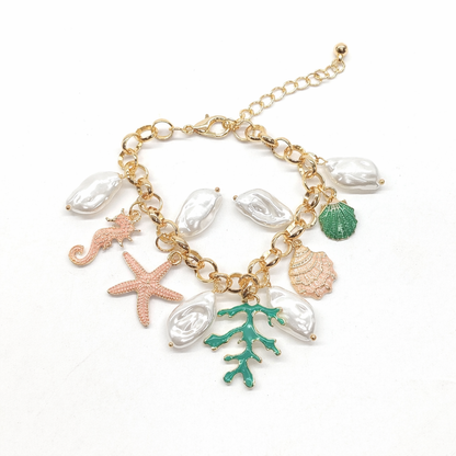 Elegant shell pearl sea horse golden charm bracelets