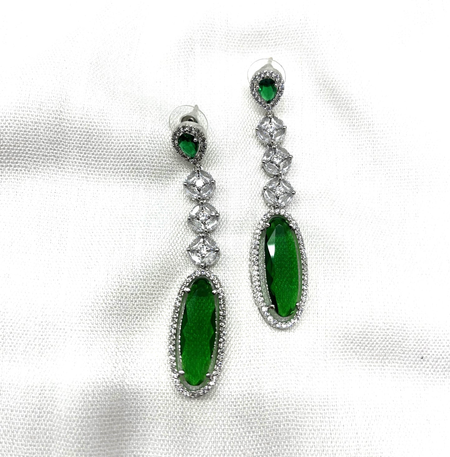 Green stone with white diamond long earring