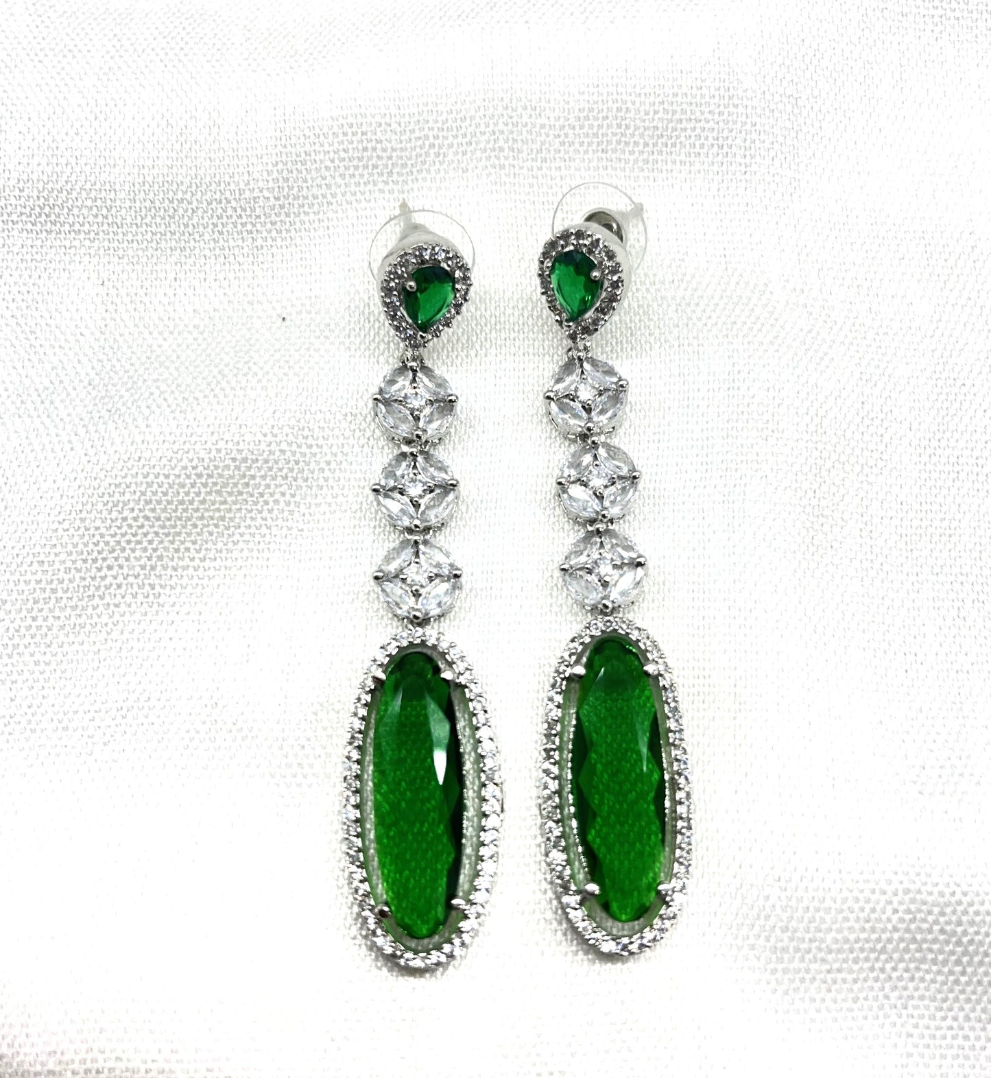 Green stone with white diamond long earring