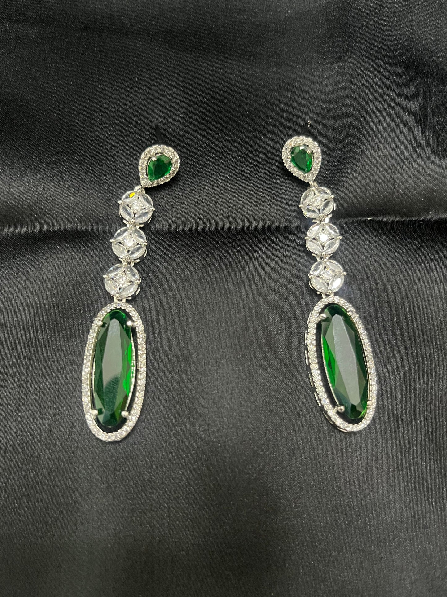 Green stone with white diamond long earring