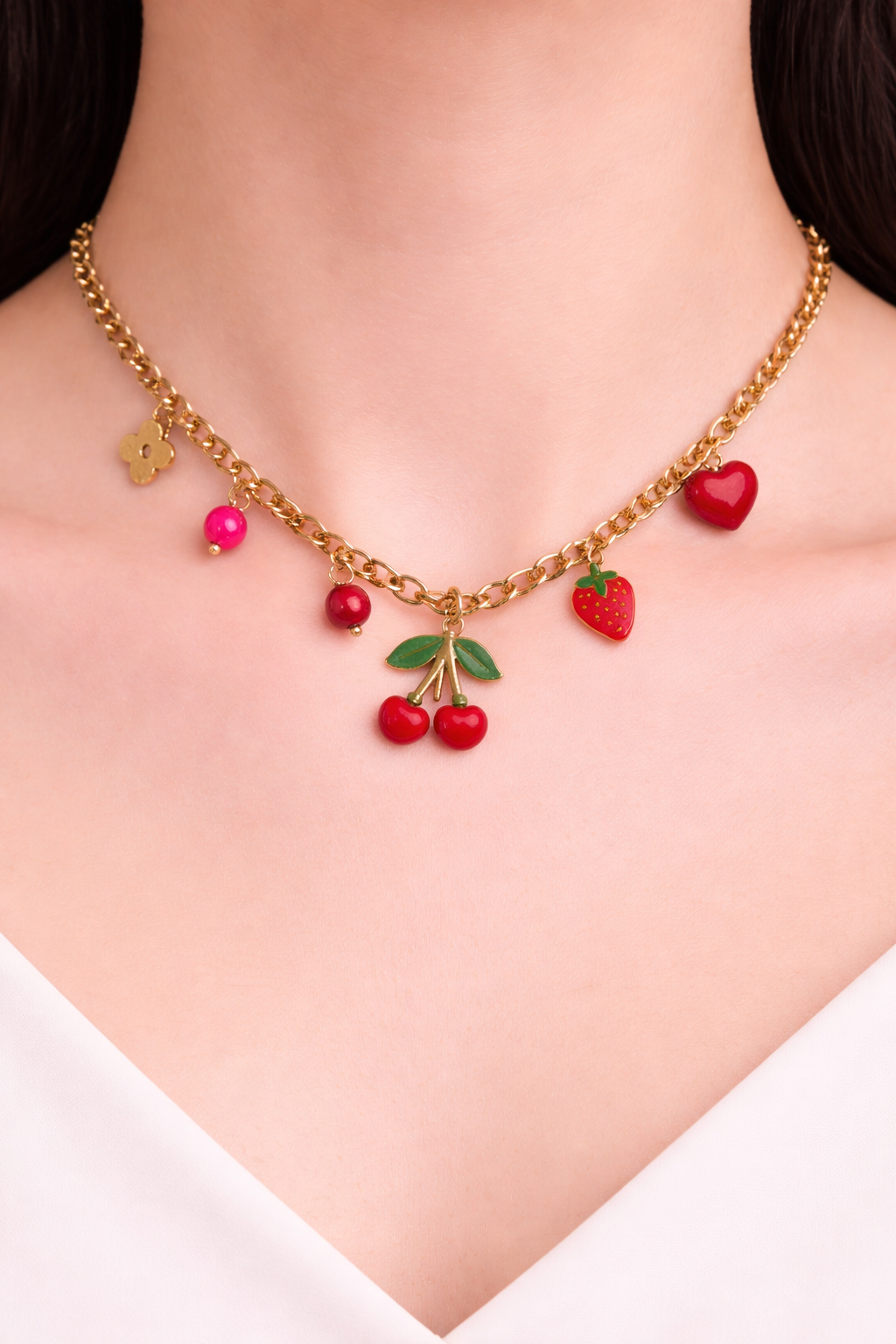 Charm necklace with red flowers design