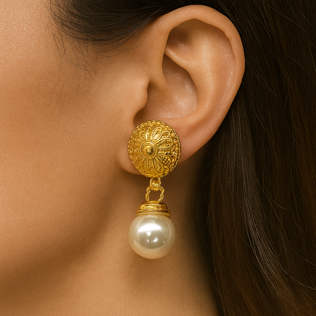 Dropping pearl gold round earring