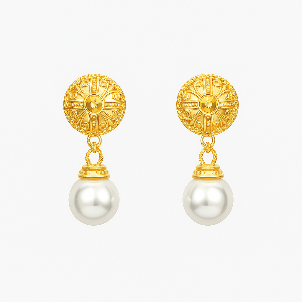 Dropping pearl gold round earring