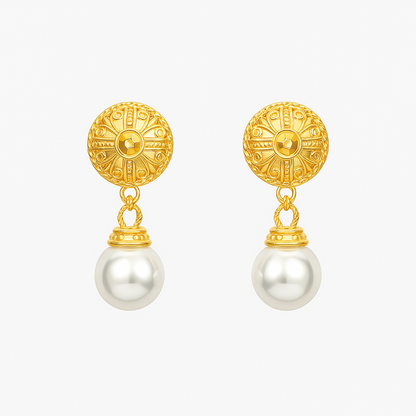 Dropping pearl gold round earring