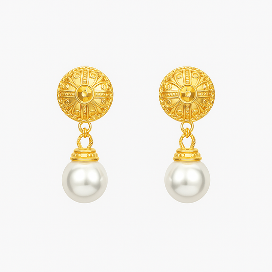 Dropping pearl gold round earring
