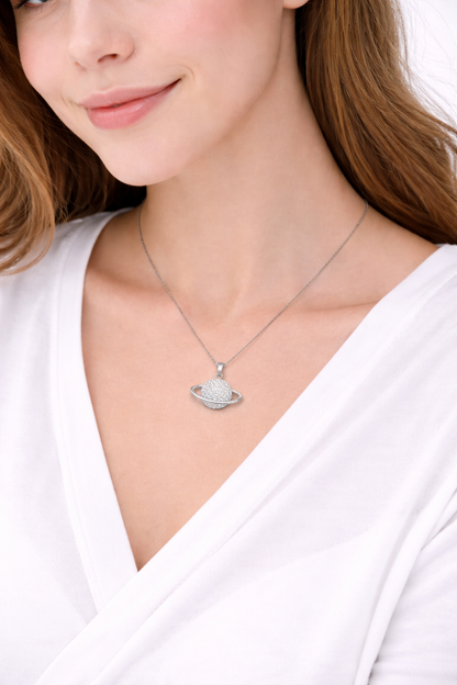 Saturn pendant silver single line necklace