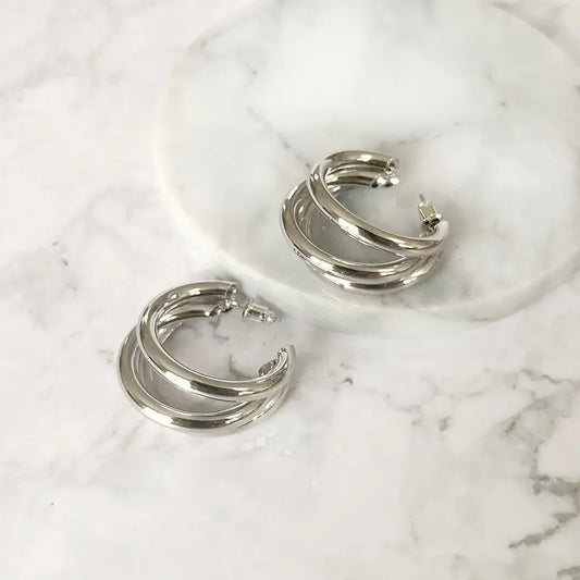 Triple silver hoop earring