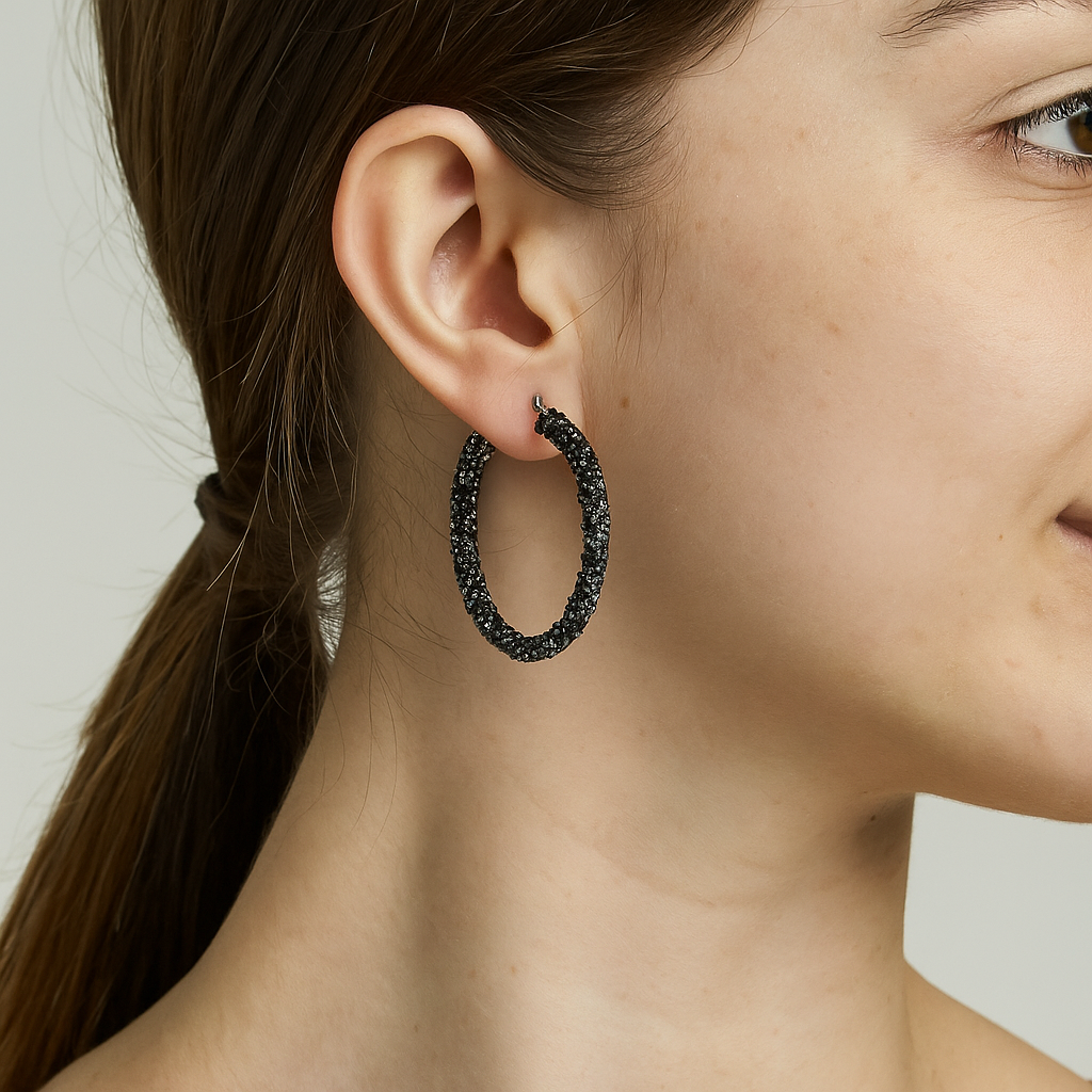 Black crystal hoop earring