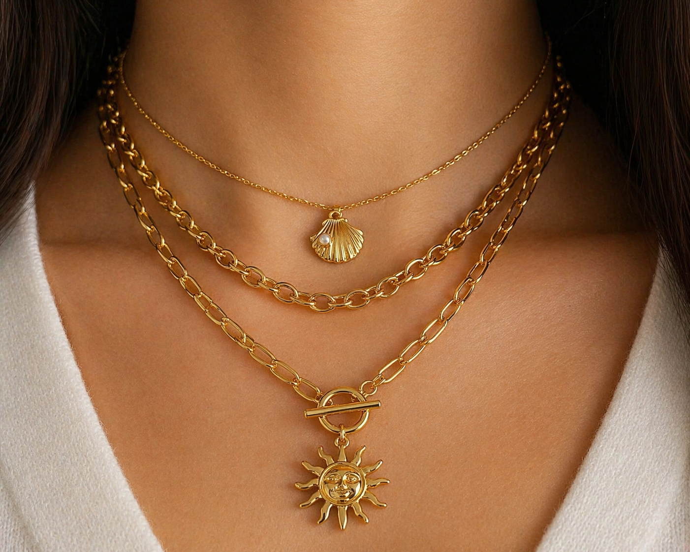 Shell Shaped Chain and Sun layered Gold Necklace