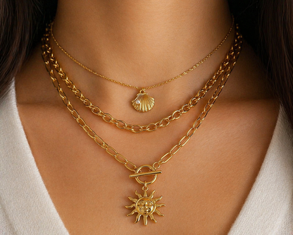 Shell Shaped Chain and Sun layered Gold Necklace