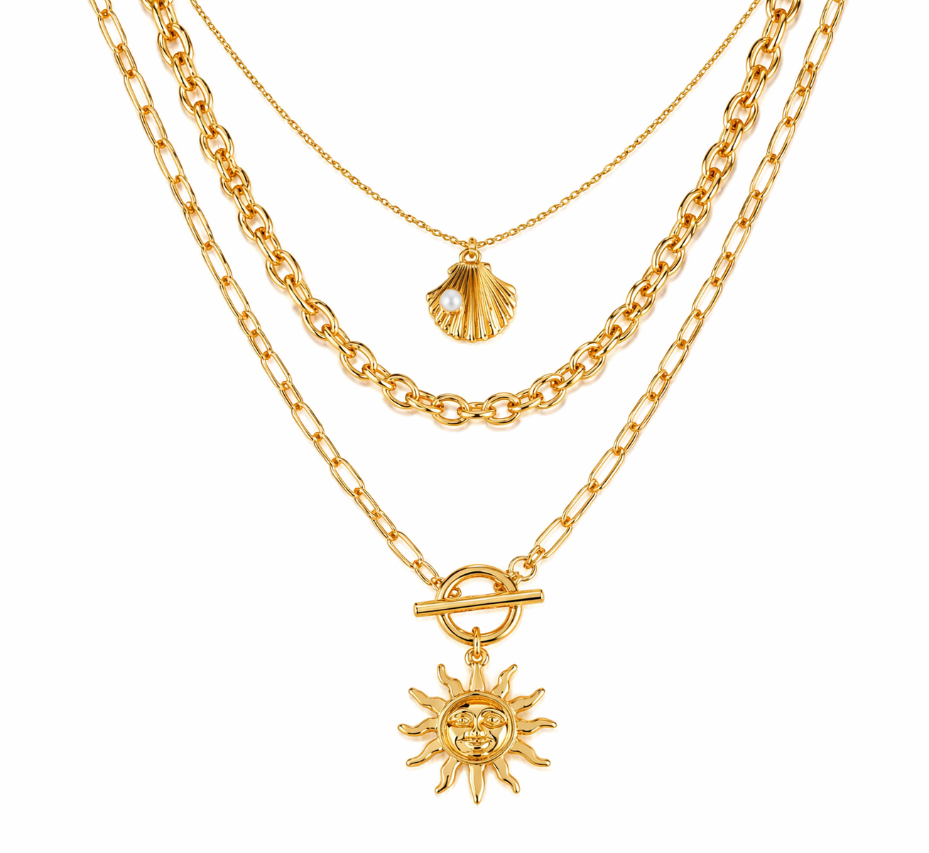 Shell Shaped Chain and Sun layered Gold Necklace