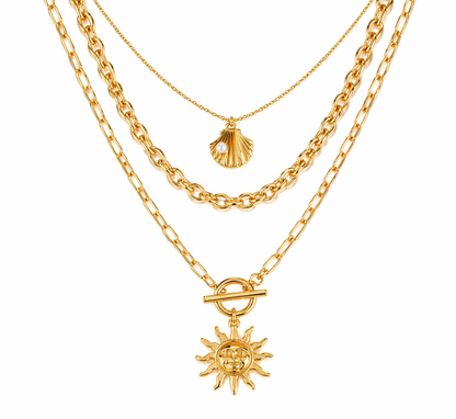 Shell Shaped Chain and Sun layered Gold Necklace